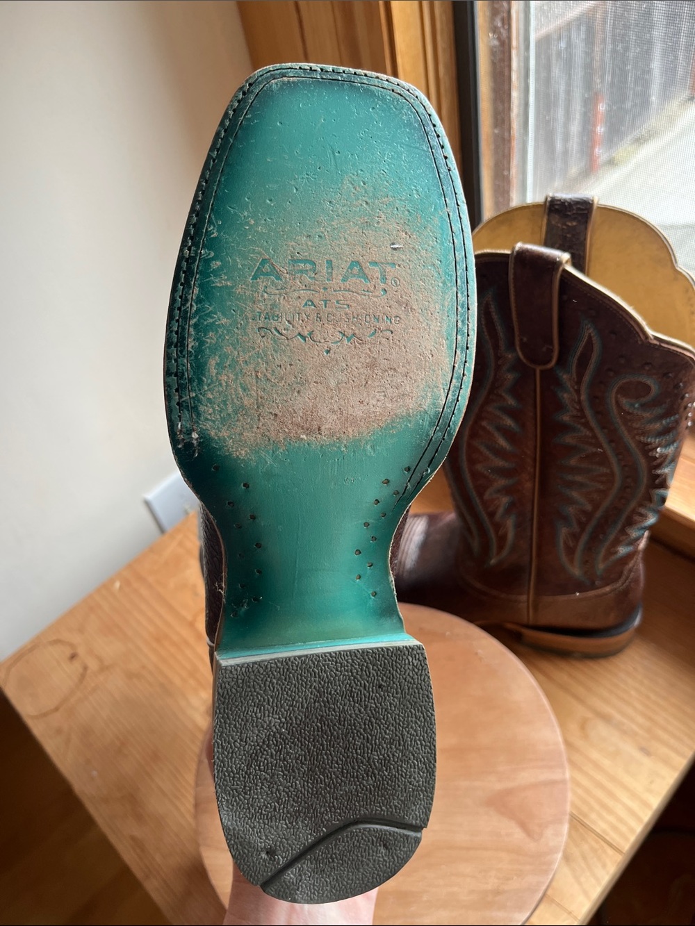 Ariat Brown Leather Western Cowboy Boots with Teal Stitching - Picture 4 of 6